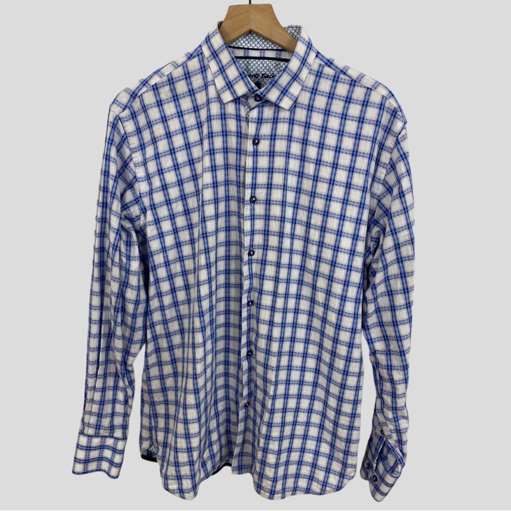 Luchiano Visconti Blue Soft White Plaid Contrast Trim Button Down Shirt Large